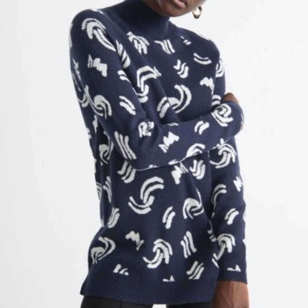 & Other Stories Navy and White abstract print mock neck sweater, Size M